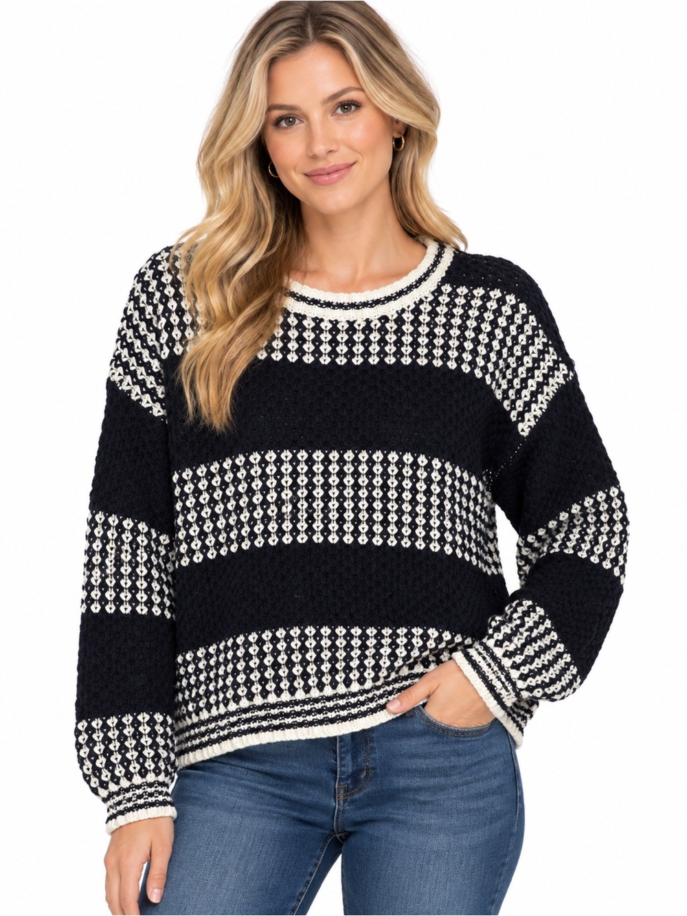 Navy and White Striped Knit Sweater - Women's Cozy Pullover - 1045
